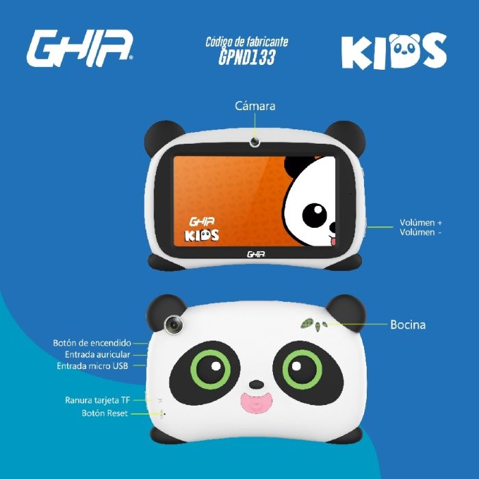 Tablet Para Niños Ghia 7 Pulgadas 1GB Ram 16GB Memoria Bluetooth Android 11  Panda Modelo GPND133C